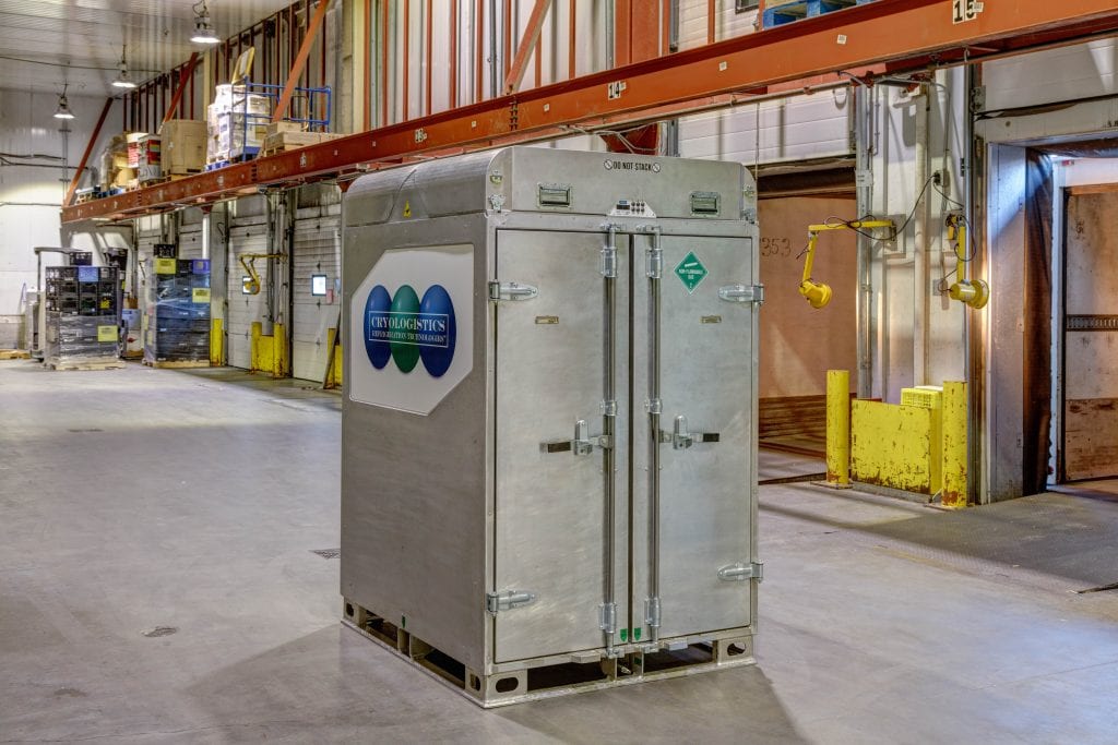 CryoLogistics SnowSHIP Unit sitting on a refrigerated warehouse dock