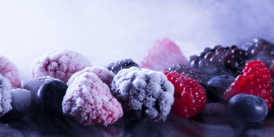 various berries frozen by dry ice